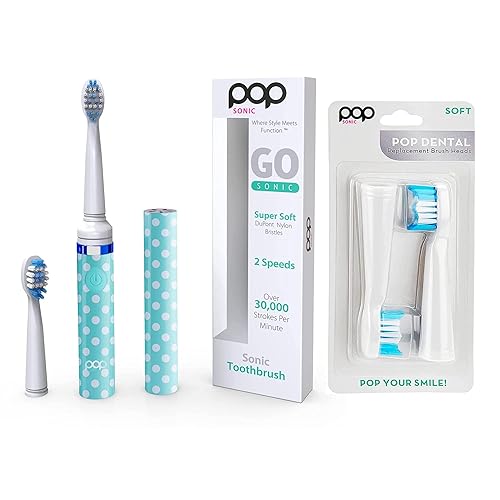 Cepillo de dientes eléctrico Pop Sonic (puntos azules) Paquete de 2 cabezales de repuesto – Cepillos de dientes de viaje con batería AAA | Cepillos