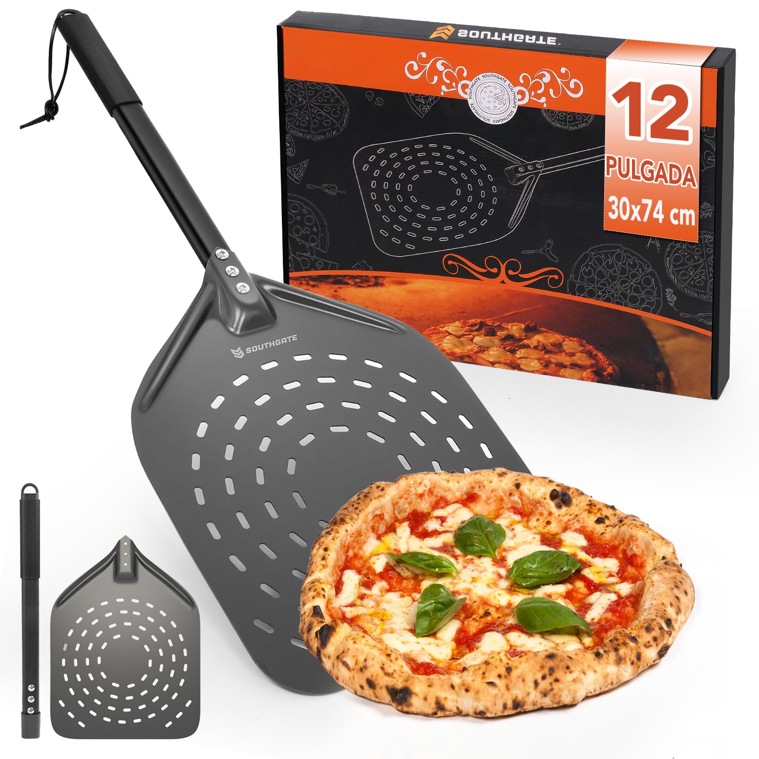SOUTHGATE Pala para Pizza Horno Perforada, 30 x 36 x 74 cm, Pala Perforada de Aluminio Anodizado Duro para Deslizarse Fácilmente Sobre Piedra para Pizza, Empujador de Pizza con Mango de Silicona