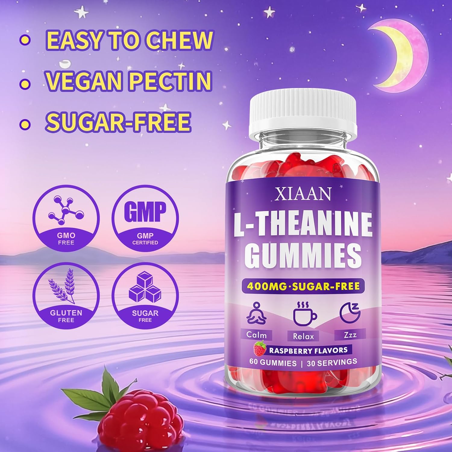 L-Theanine Gummies for Kids & Adults, L'Theanine 400mg Chewable L Theanine Supplement for Calm, Zzz & Relaxation Support, Vegan, Organic, Raspberry Flavor, 60 Counts - Image 6