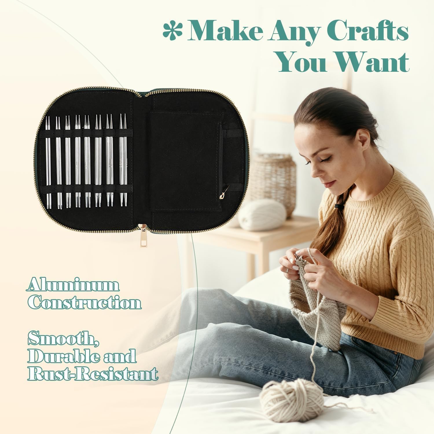 Yarniss Stainless Steel Circular Knitting Needle with Case,11 Size Interchangeable Knitting Needles with Rotating Cables 2.0~5.0mm,4.92-Inch Lace Knitting Needles Set