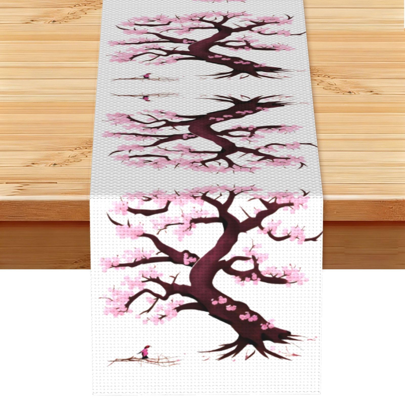 Cherry Blossoms Tree Linen Look Table Runner 13x72-Wrinkle Resistant Farmhouse Style for Dining Table Decor