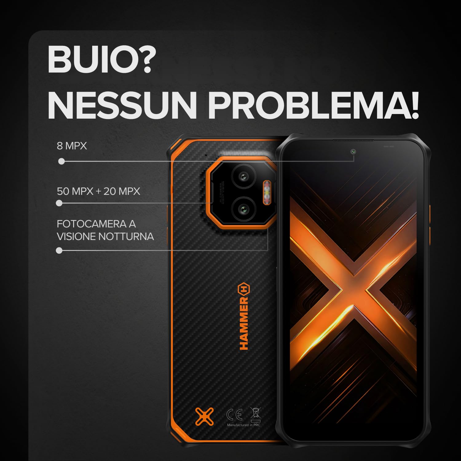 HAMMER ENERGY X2 5G Smartphone rugged Android 15, Telefono indistruttibile 6,1", IP69, 6 + 8 GB RAM, 128 GB di memoria, 5000 mAh, eSIM, garanzia 2 anni