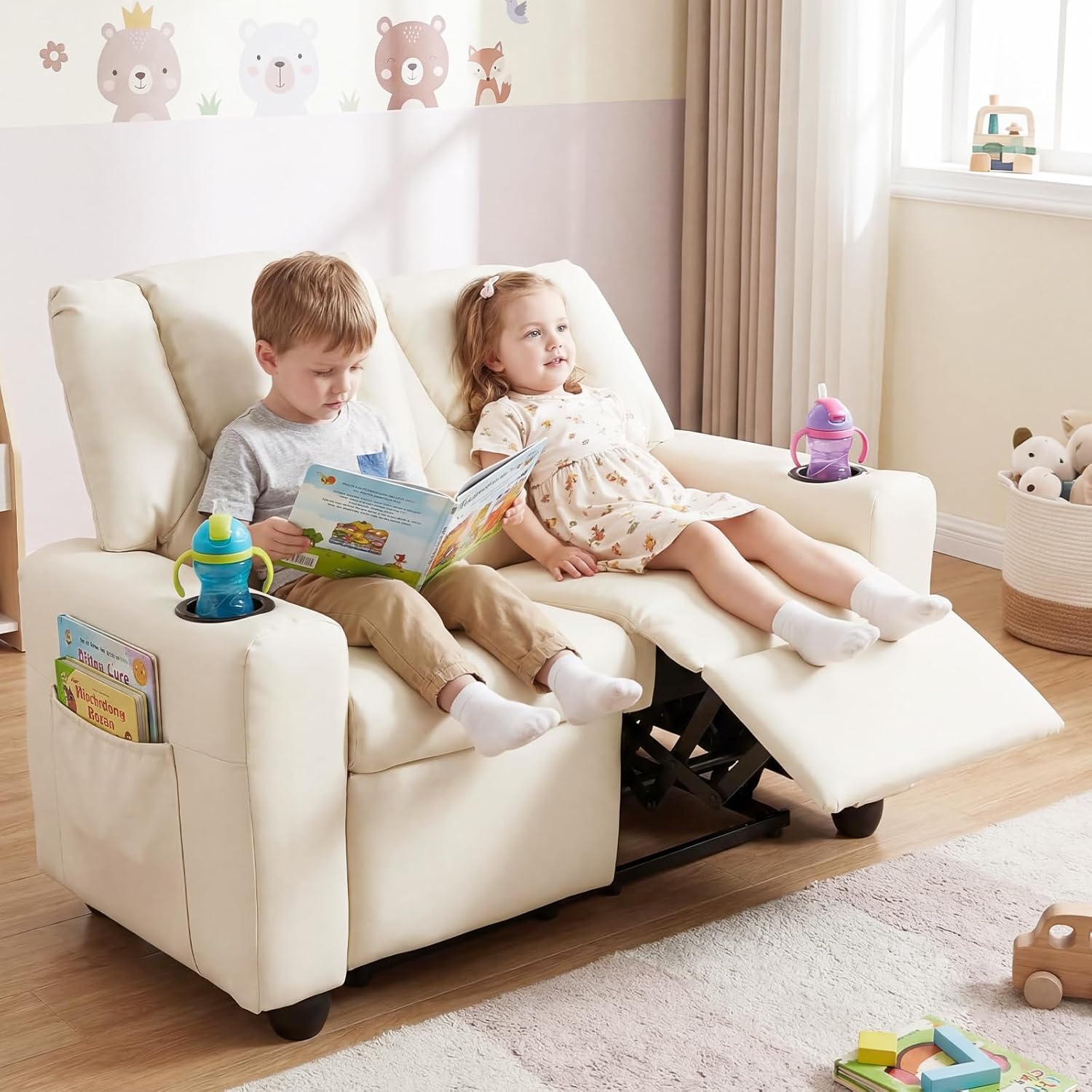 Costzon 2-Seater Kids Recliner, PU Leather Kids Loveseat w/2 Cup Holders & 2 Side Storage Pockets, Toddler Lounge Sofa Chair Couch w/Adjustable Backrest & Footrest for Girls & Boys 3+ Years Old Gifts