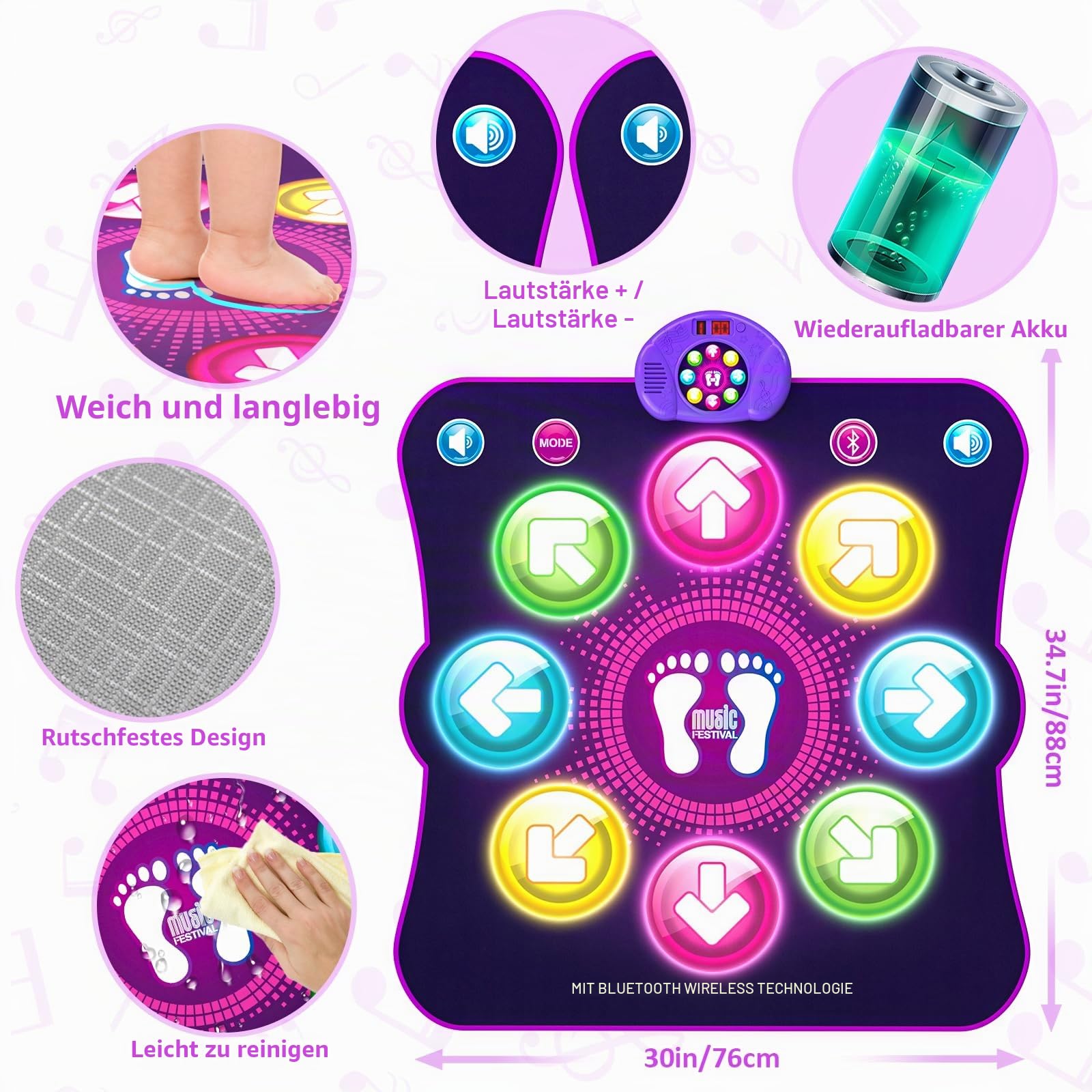 LEAPRCSTORE Leuchtende Tanzmatte für Mädchen, wiederaufladbare Tanzunterlage Spielzeug Geschenke für 3 4 5 6 7 8 9 10+ Jahre alte Kinder, Musiktanz-Spielmatte mit 6 Spielmodi