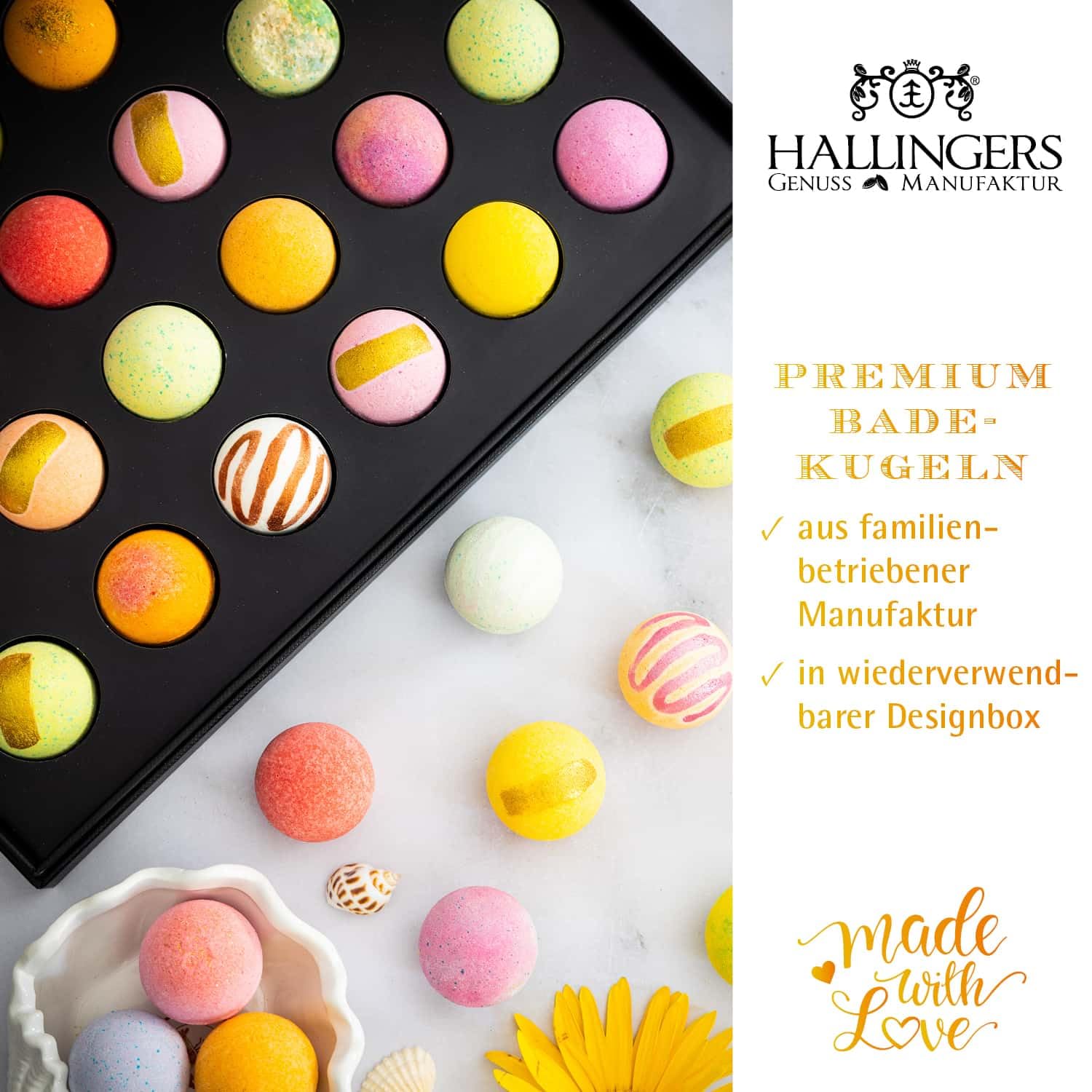 Hallingers Genuss Manufaktur Badebomben Dankeschön-Geschenk-Set - 24x Badekugeln Bath Bombs, edle Geschenkbox, Frauen Badeperlen-Wellness & Spa ""Dankeschön"", Geschenkidee für Frauen Männer