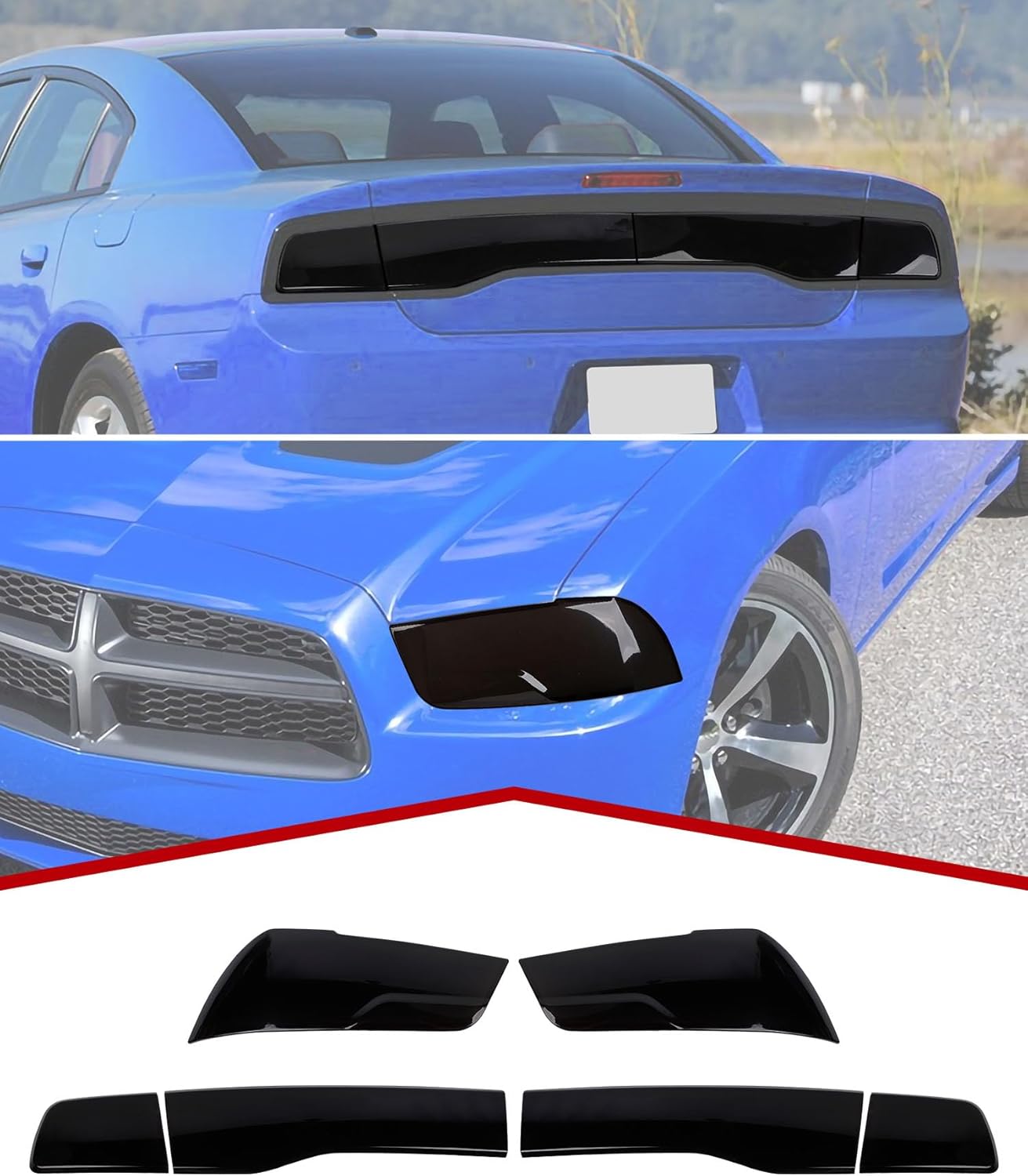 JeCar Smoked Light Covers Headlight Brake Light Bezal Guards Exterior Accessories Compatible with Dodge Charger 2011-2014, Black