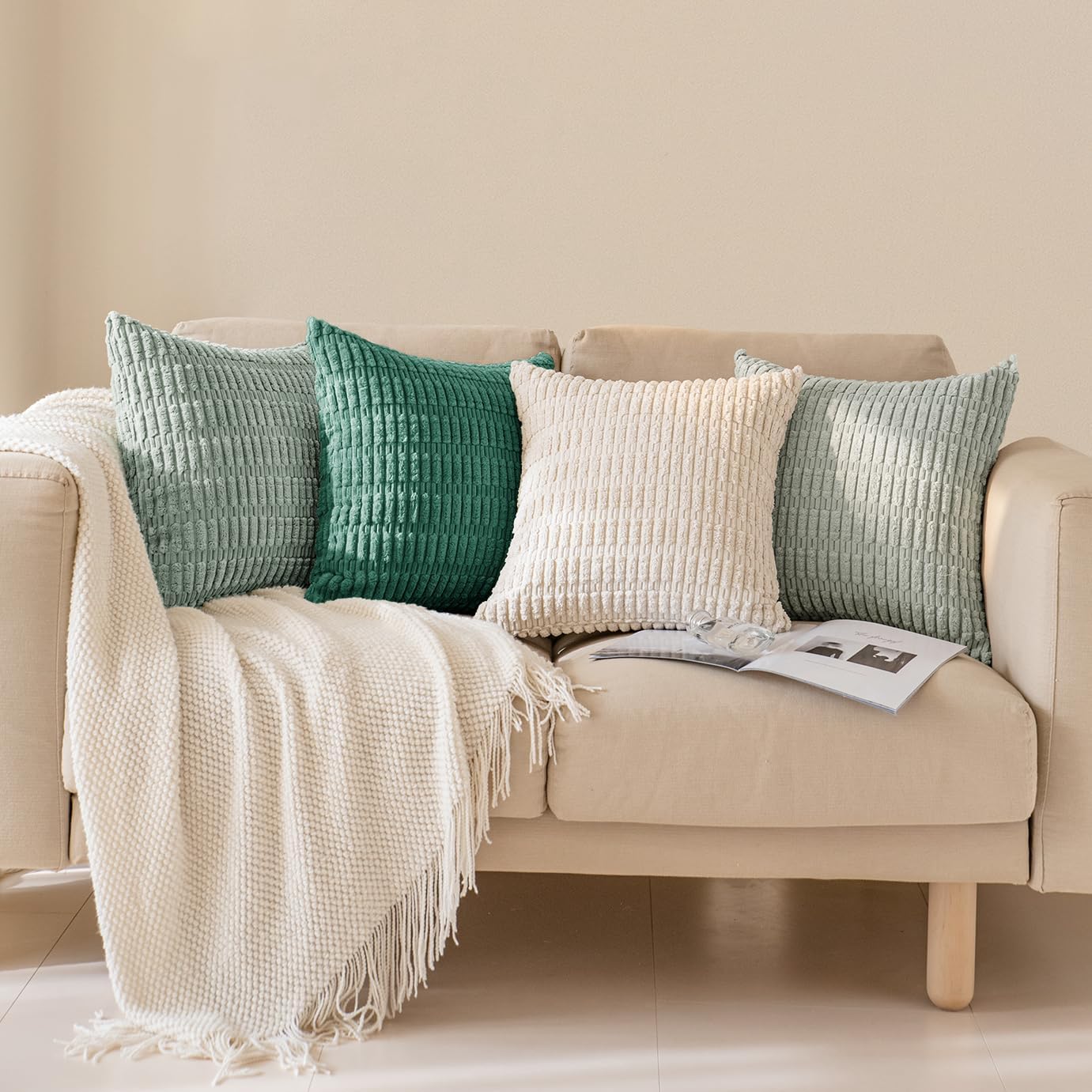 Softalker Throw Pillow Covers 22x22 Inch, Set of 4, Corduroy Soft Striped Farmhouse Boho Pillow Cover, Modern Decorative Cushion Pillow Case for Couch Sofa Bedroom Living Room(Beige/Green)
