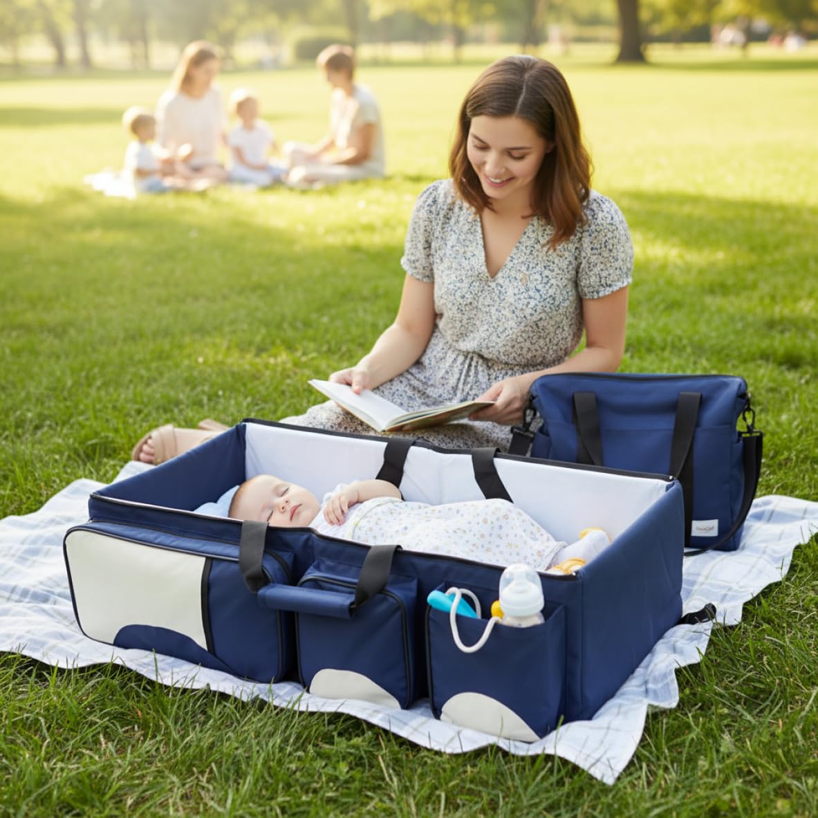 Cunas, Moisés de Viaje para bebé Plegable, Moisés de Viaje para bebé Plegable, Cuna 2 en 1 y Bolsa para mamá de Gran Capacidad, Mochila de pañales portátil y Liviana para recién Nacidos (Azul Oscuro)