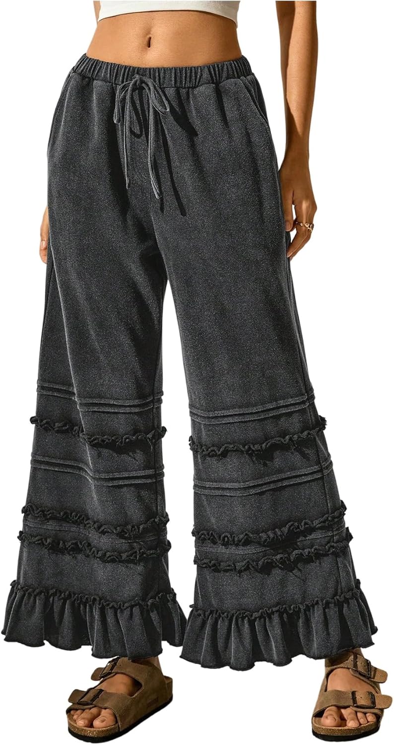 WDIRARA Women's Drawstring Elastic Waist Ruffle Hem Wide Leg Pants Loose Palazzo Pants