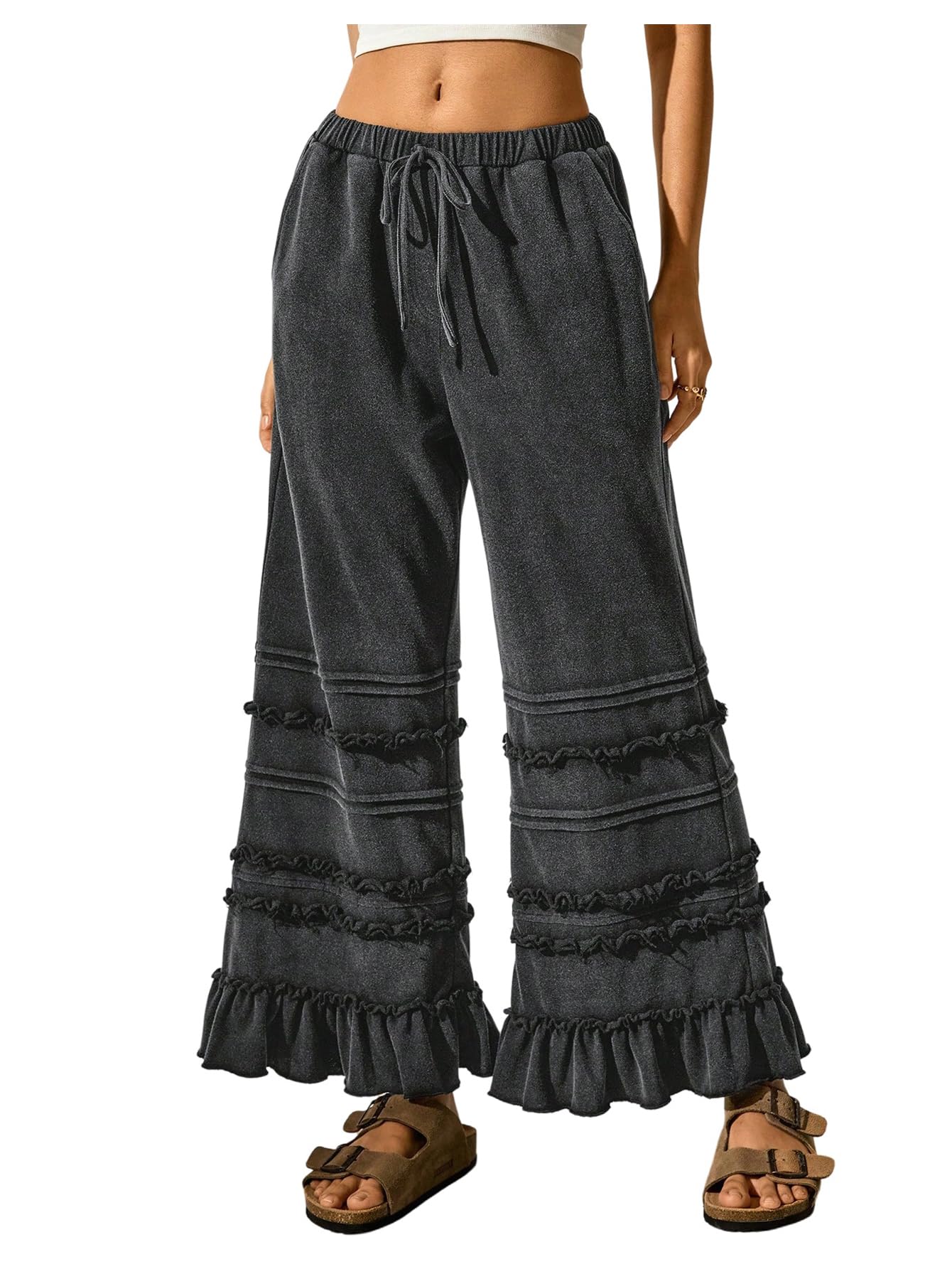 WDIRARA Womens Drawstring Elastic Waist Ruffle Hem Wide Leg Pants Loose Palazzo Pants