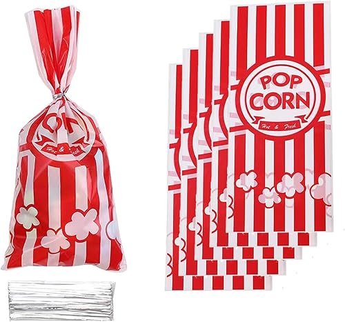 LLK 50 bolsas de celofán de palomitas de maíz, bolsas de golosinas de carnaval, bolsas de golosinas a rayas rojas y blancas con cinta para