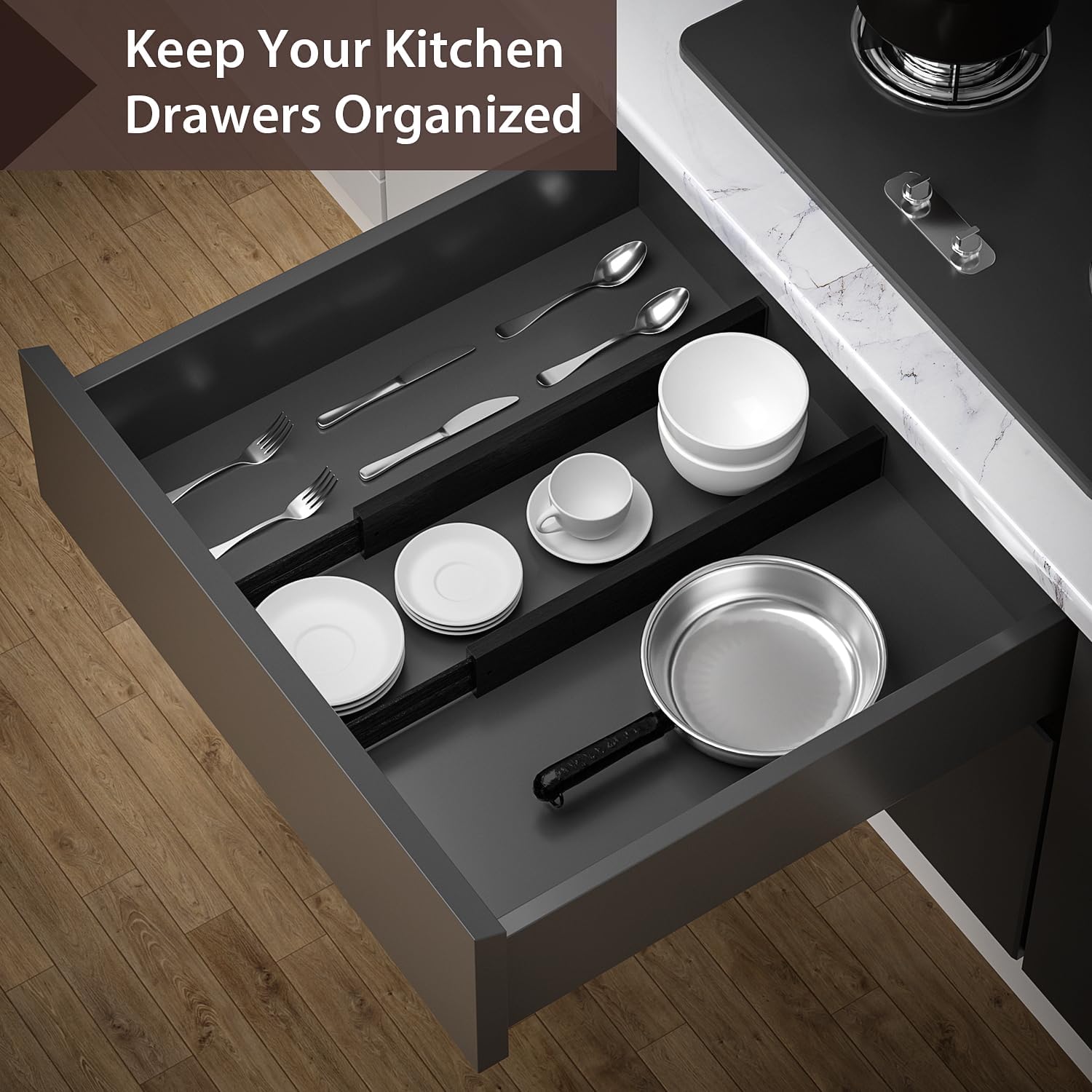 DUCOO 4 PCS Drawer Divider, 17"-22" Adjustable Bamboo Drawer Dividers Organizers, Expandable Separators for Kitchen, Clothes, Dressers, Home, Office, Black