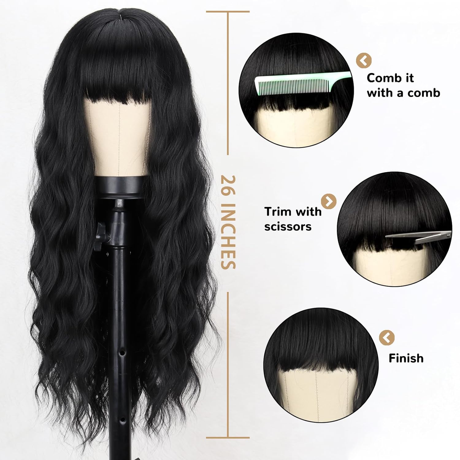MERISIHAIR Long Black Wig with Bangs,26 Inches Synthetic Wavy Bang Black Wigs for Women, Women Long Curly Heat Resistant Hair Wig,Cosplay Selena Black Wig