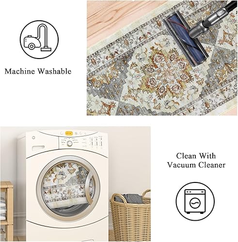 Miniatura 7 de Bsmathom Alfombra vintage de 2 x 6 pies, antideslizante, no desprende pelusa, alfombra de pasillo de lana sintética envejecida, lavable a máquina,
