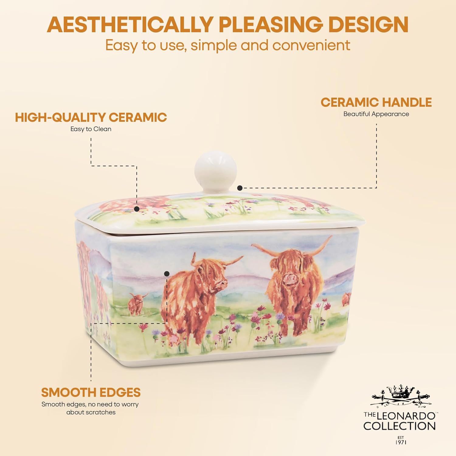 Highland Cows Butter Dish - Ceramic Fine China Butter Dish with Removable Lid and Decorative Box