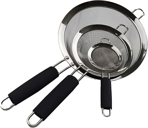 SAMMART Colador/colador de malla de acero inoxidable con mango de TPE - Tamiz redondo con aro (3, 3 y 5.5 y 8 pulgadas)