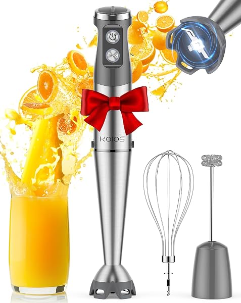 Close-up view of the KOIOS immersion blender's stainless steel blade and anti-scratch guard.