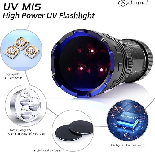 Miniatura 3 de LIGHTFE Linterna de luz negra de 365 nm con salida de alta potencia, haz puro para luz de curación de pegamento UV, brillo fluorescente de roca y