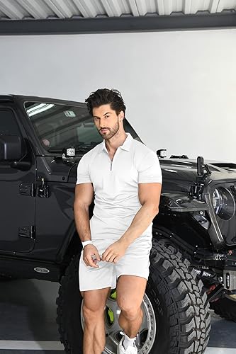 Miniatura 5 de YTD Conjunto de camisa polo y pantalones cortos de manga corta para hombre, conjunto de dos piezas de verano con cremallera, conjunto deportivo para