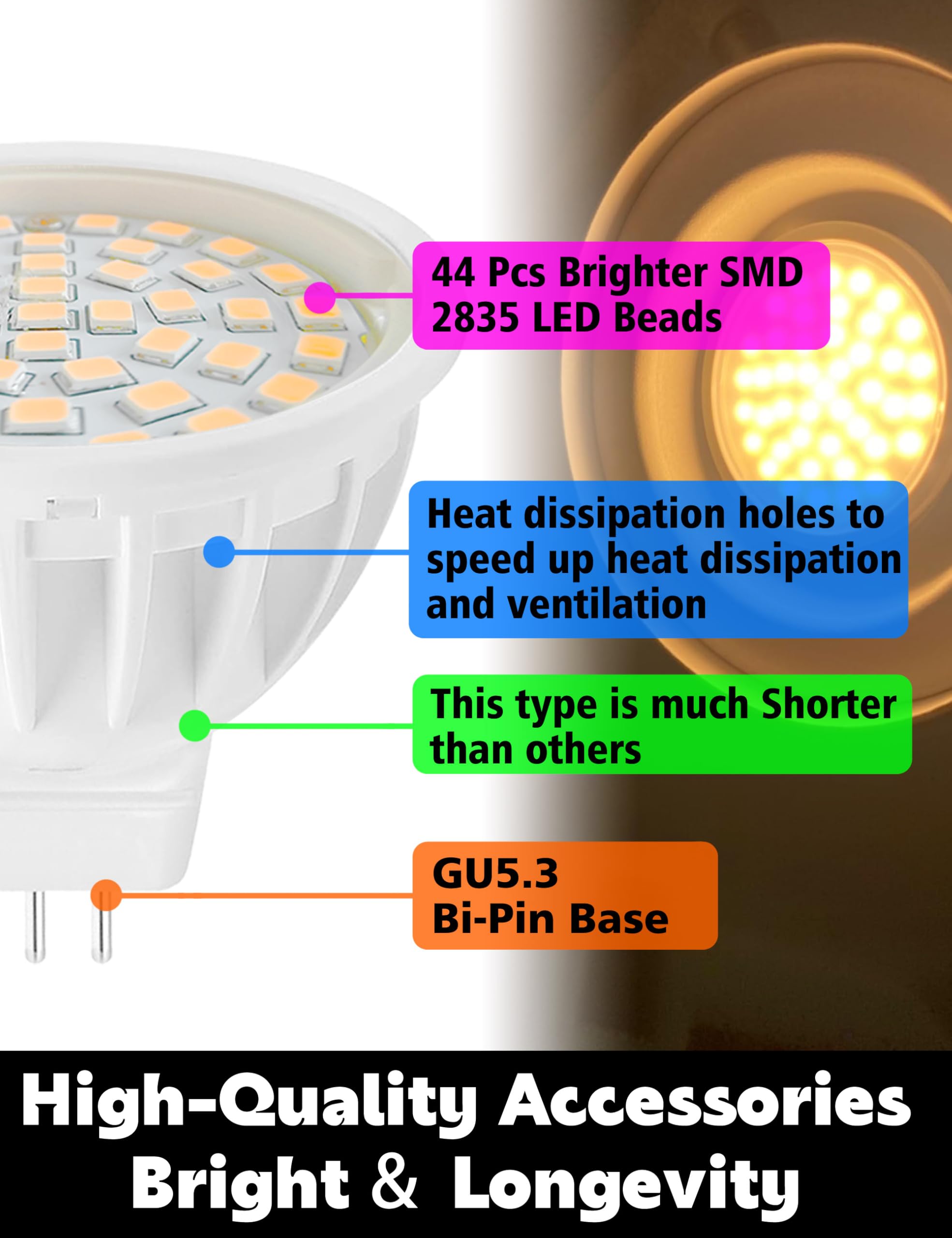 MR16 - Bombillas LED no regulables equivalentes a halógeno de 50 W, 2700 K, blanco cálido, 12 V GU5.3, ángulo de haz de inundación de 120 grados para iluminación empotrada de techo, 500 lm, paquete de