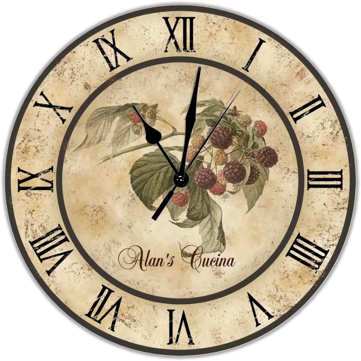 Raspberry Cucina Personalized Wooden Wall Clock Summer Fruit Hanging Wood Wall Clocks Battery Operated Non-Ticking Sweep 12 inch Abstract Farmhouse Wall Clock for Home Living Room Bedroom Office