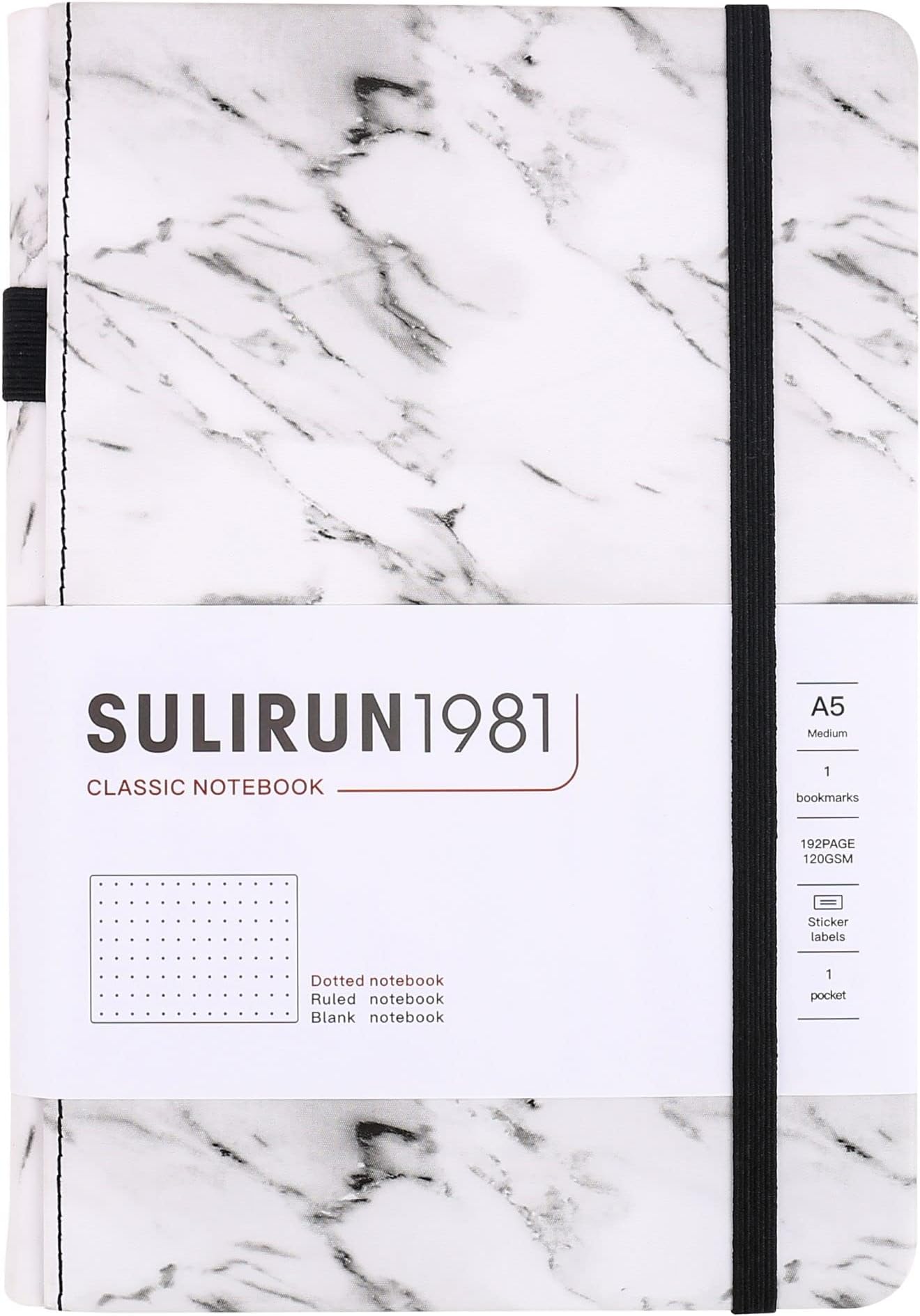Dotted Journal A5 Hardcover Notebook, SULIRUN1981 Dot Grid 120gsm Thick Paper 160 Pages Journal for Writing with Inner Pocket Faux Leather Cover - Black