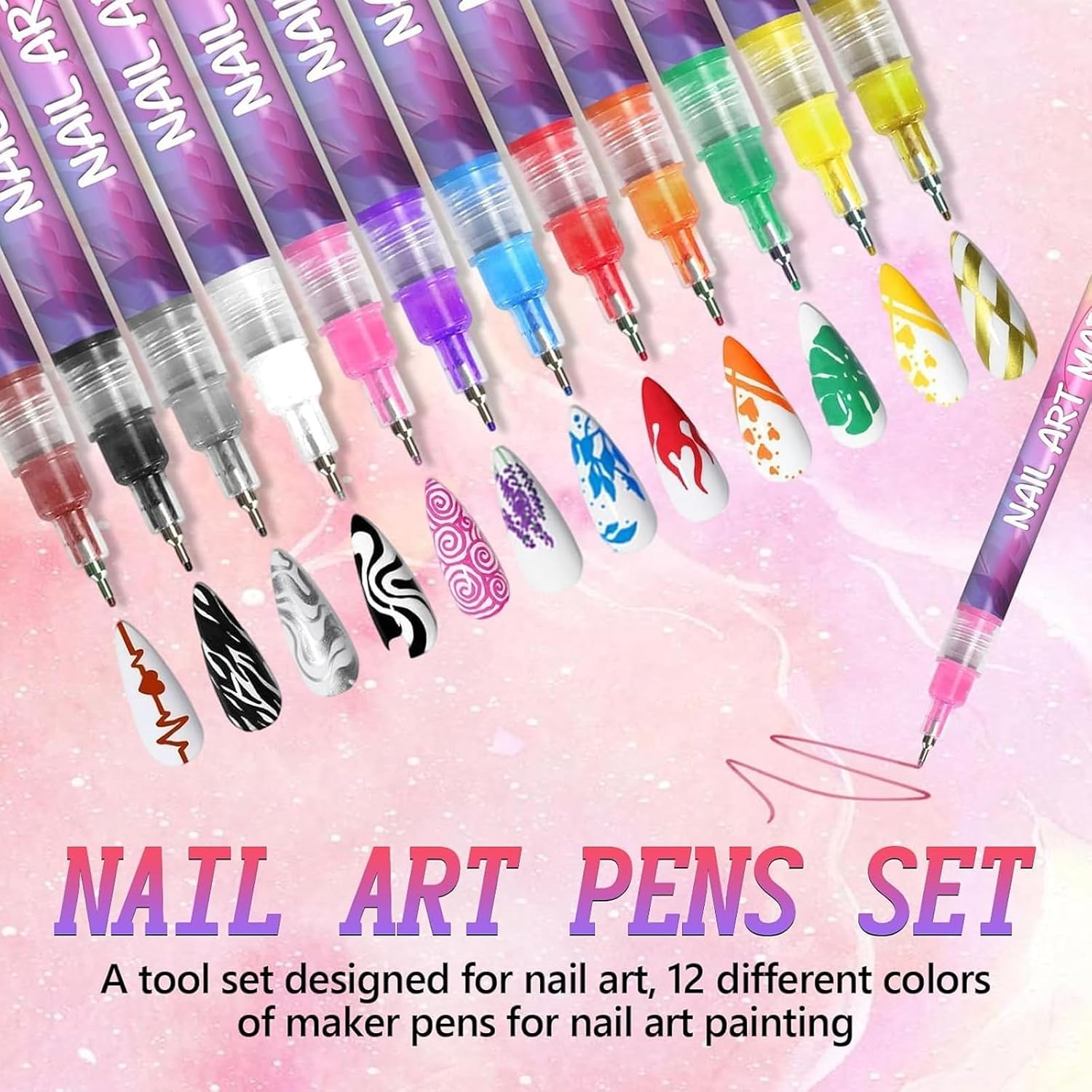 Pink Galaxy Nail Art Pens Fine Tip 0.5mm, Nail Art Markers 24 Pack, Waterproof and Quick-Drying Nail for DIY Design, Beauty Adorn Manicure Tool Markers for Natural Nails for Home Salon (2 Set)