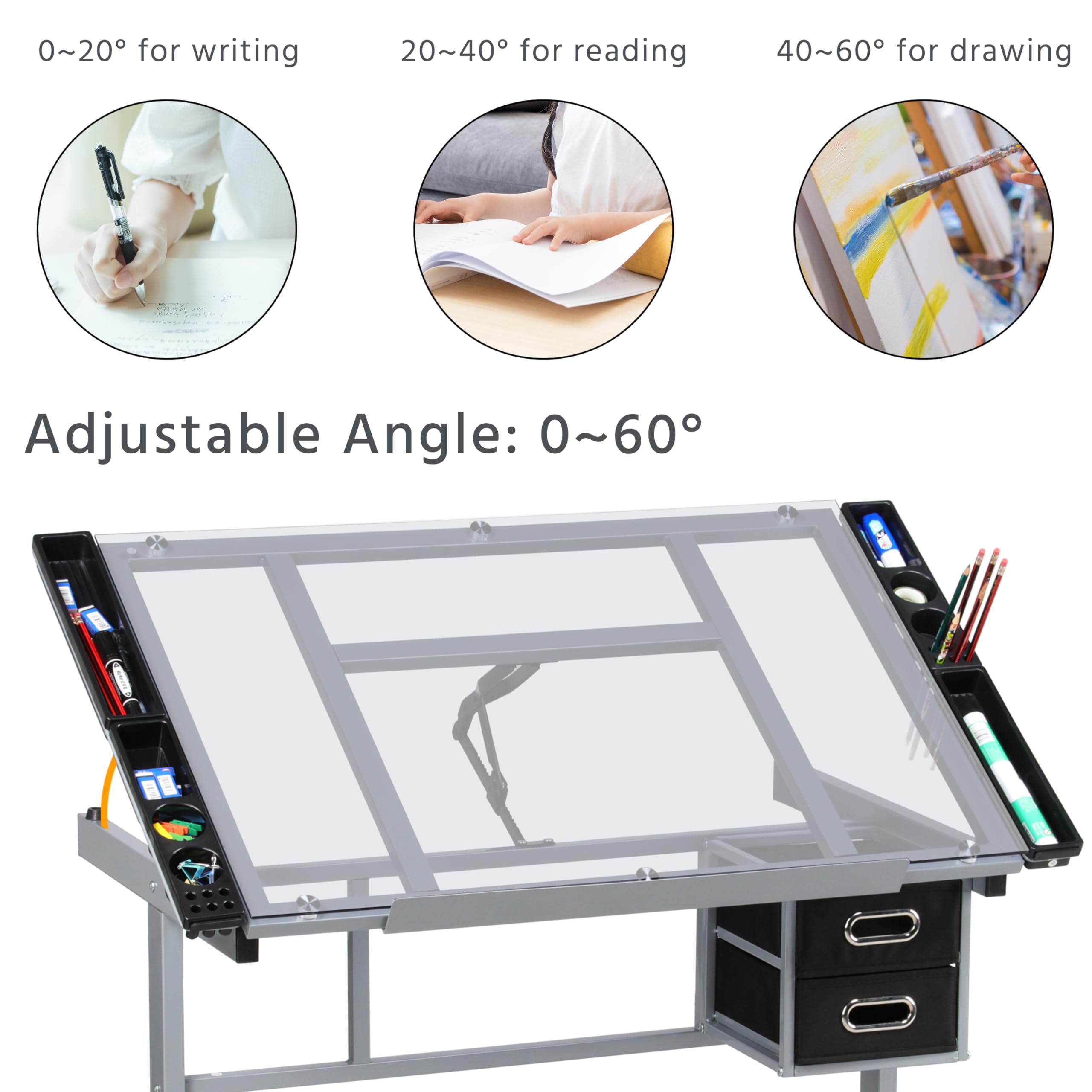 Tavolo da Disegno in Vetro Temperato e Acciaio con Angolo e Altezza Regolabili Scrivania da Lavoro Artistica con Cassetto per Architettura