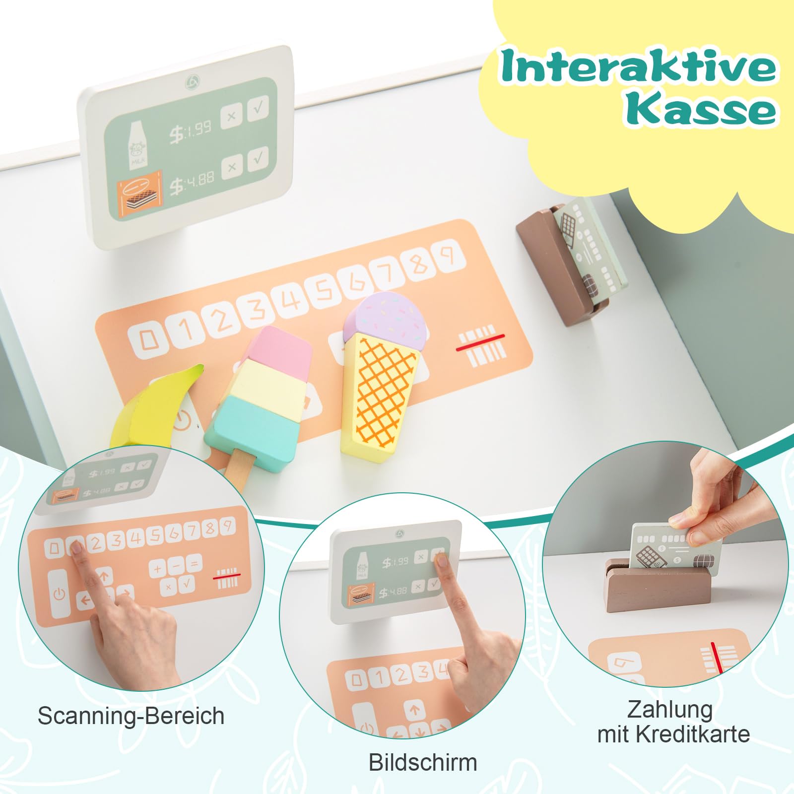 COSTWAY Kaufladen Kinder, Kaufmannsladen Holz inkl. Zubehör (Grün) | Supermarkt mit Verkaufsautomat, Kasse, Kaffeemaschine & Ofen, Verkaufsstand Theken, Einkaufsladen für Kinder ab 3 Jahren