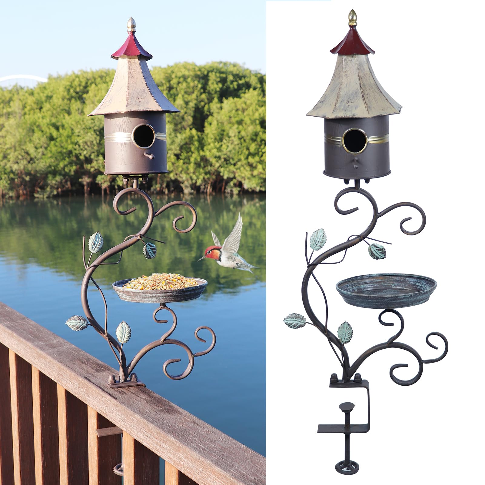 Deck Bird Bath, Metal Bird Bath and Bird Houses, Decorative Deck Mounted Bird Bath, Detachable and Adjustable Sturdy Deck Bird Bath for Outdoor Porch Yard Garden Decoration