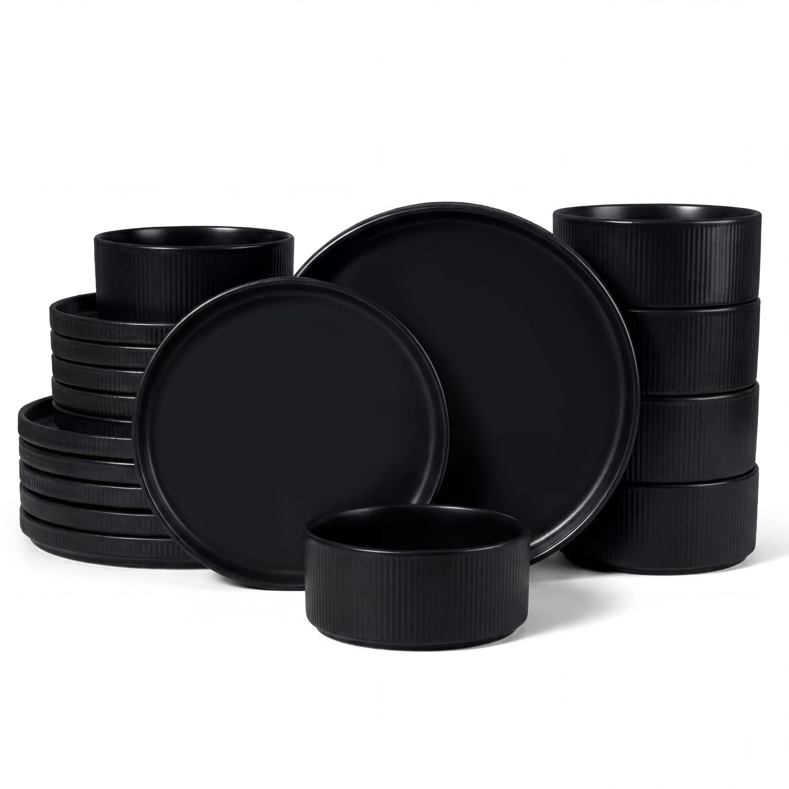 HaWare Dinner Set, 18 PCS Stoneware Plates and Bowls Set, Matte Black
