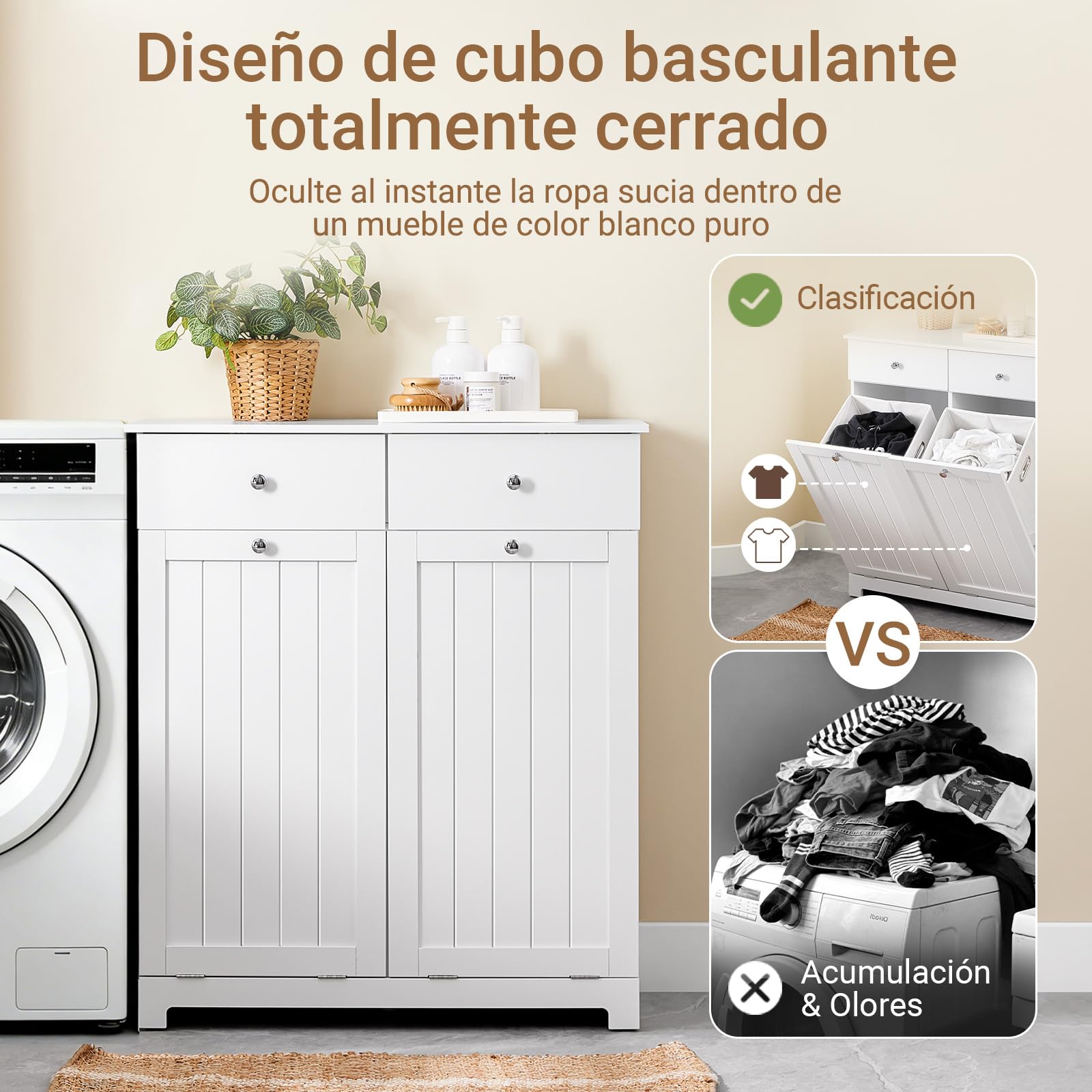 SoBuy Mueble Ropa Sucia con 2 Cestos Abatibles Y 2 Cajones, 78x38x90 Cm | 2 cestos abatibles extraíbles de 90 L y 2 cajones para separar la ropa sucia de toda la familia. Blanco. BZR33-II-W