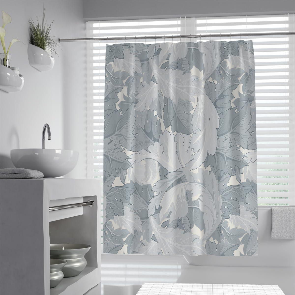 OLLIAR Home Tropical Plant Flower Shower Curtains for Bathroom 180x180 Vintage Acanthus Leaves Fabric Shower Curtain Gray Botanical Restroom Decor Accessories with Hooks