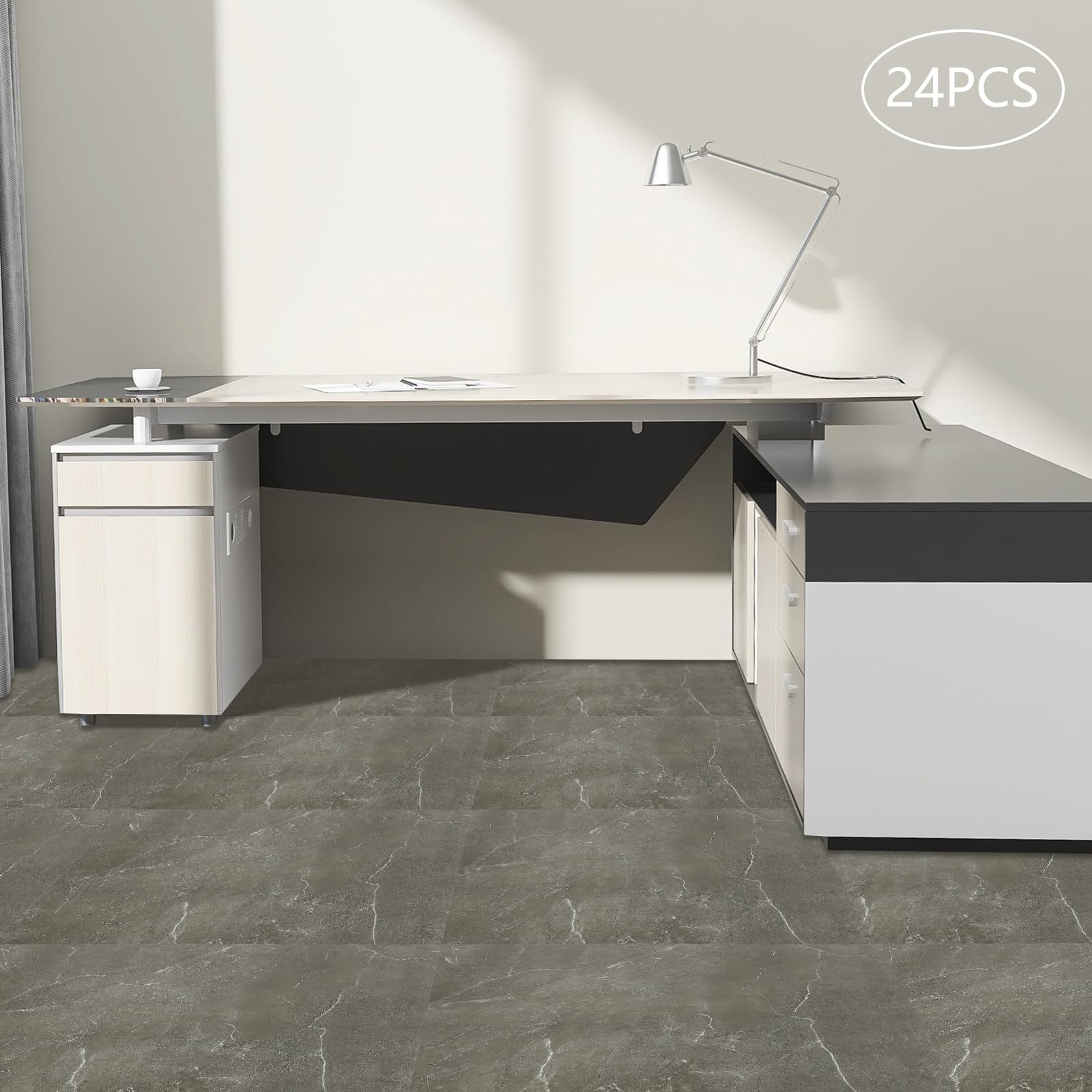 24 suelos de PVC autoadhesivos, 60 x 30 cm, vinilo autoadhesivo, impermeables para salón, cocina, oficina (gris)