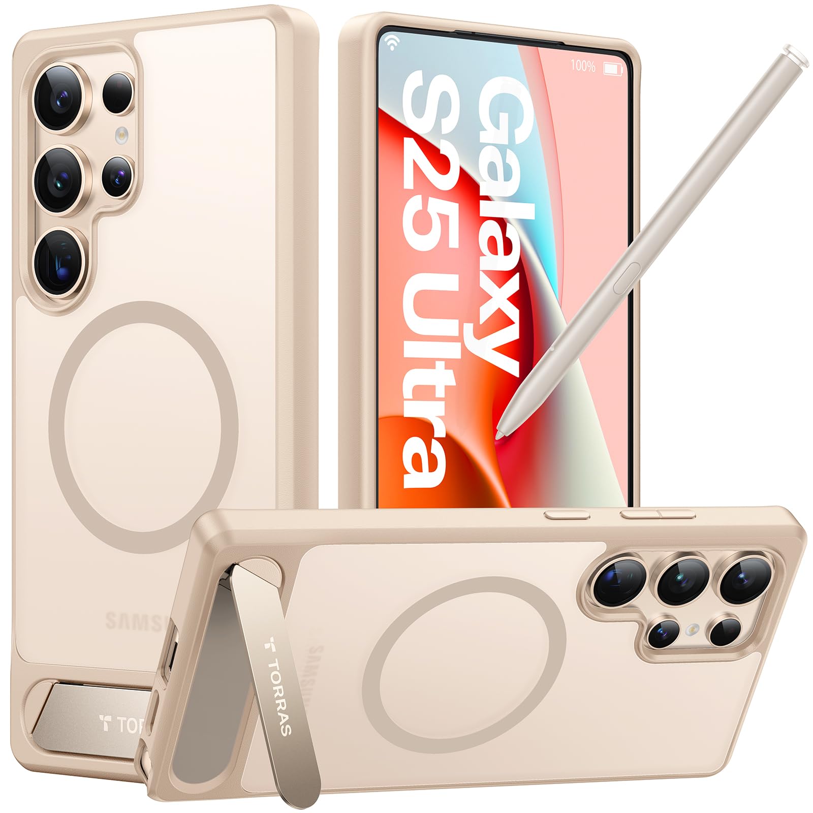 TORRAS Strong Magnetic & Seamless Stand for Samsung Galaxy S25 Ultra Case, Fit for MagSafe, Mil-Grade Drop Protection, Kickstand for Samsung Galaxy S25 Ultra Case, Translucent Back/Gold Edge