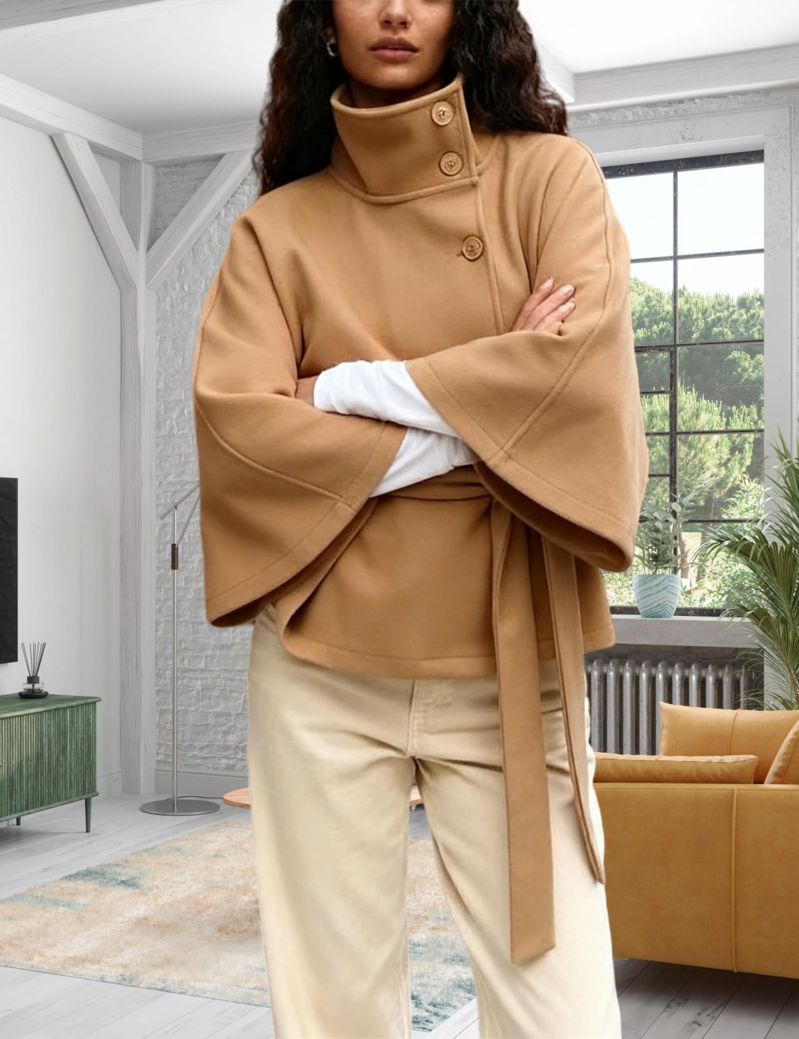 Generisch Damen-Poncho mit Fledermausärmeln, übergroßer, trendiger, lässiger Umhang mit Gürtel, Oberbekleidung mit Schalkragen für Herbst und Winter