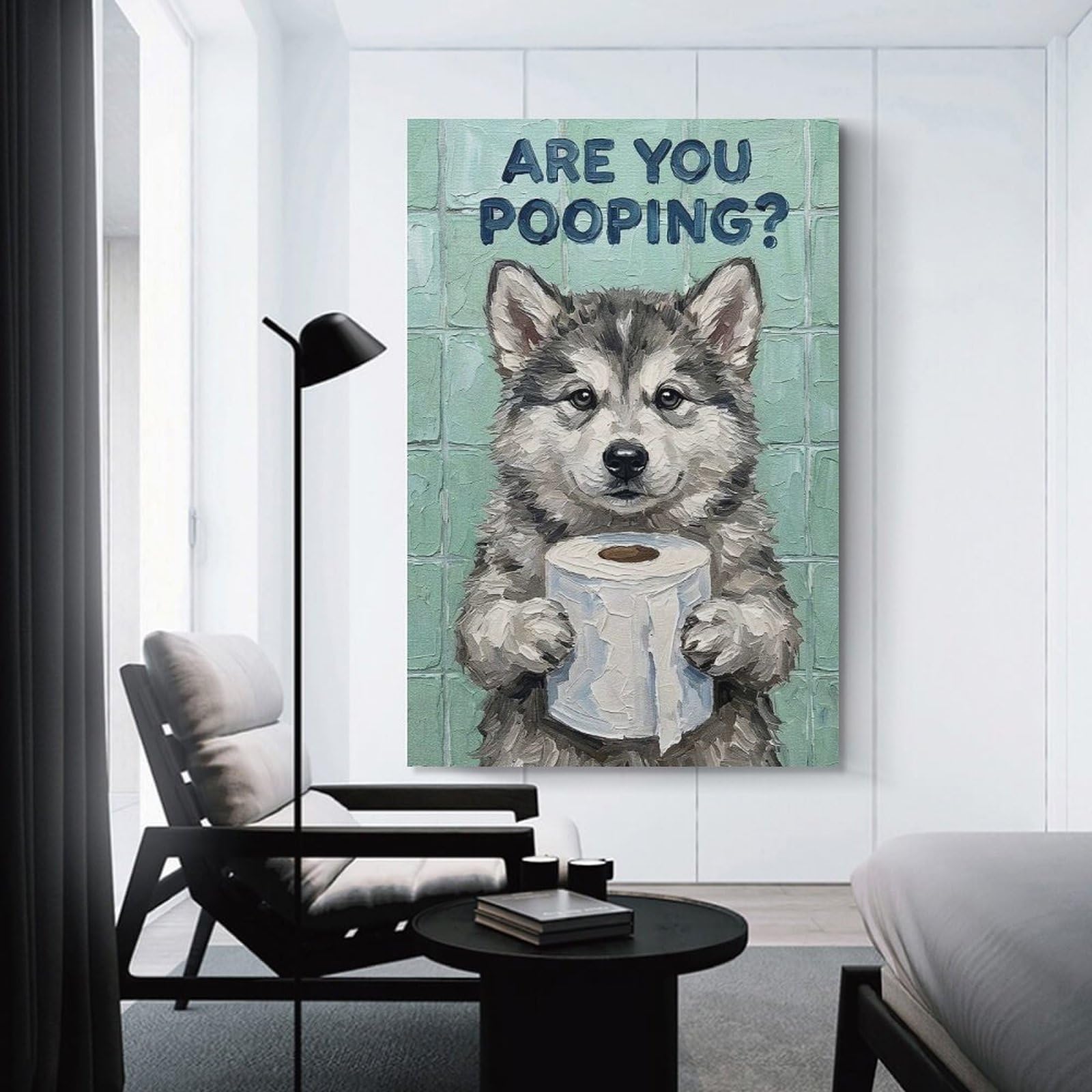 Junmoney Are You Pooping Husky Puppy Art Wall Picture Print 24x36inch(60x90cm), for Entryway, Lounge Links Or Small Walls, Decorative Wall Art for Narrow Spaces