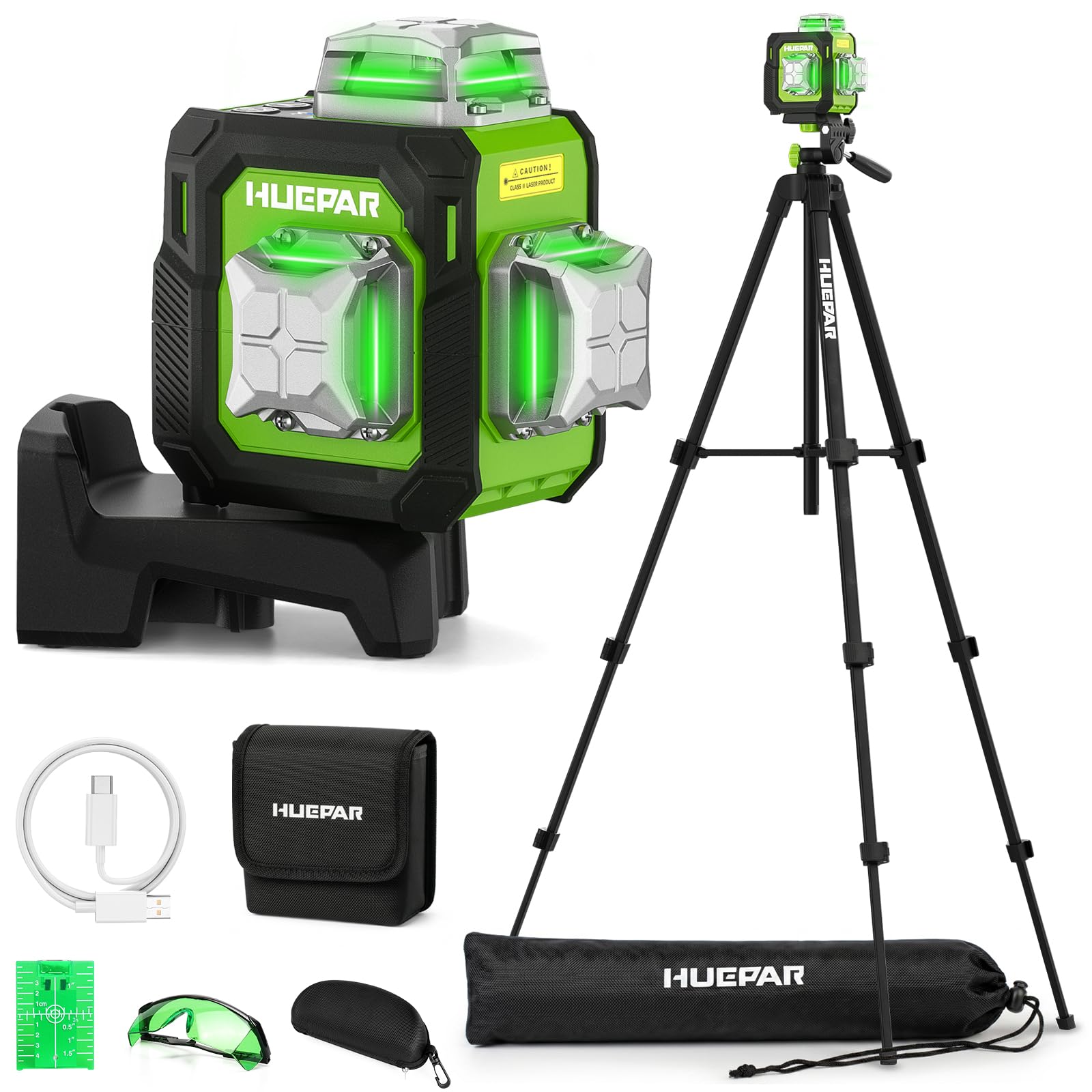Huepar Nivel Láser con Trípode de 1,5m, 30m 3D Verde Compacto 3x360° Autonivelante, Ideal para Espacios Reducidos, Modo Pulso 70m, con Recargable USB-C, Estuche, Soporte Magnético para Obras&Bricolaje Global Recycled Standard Global Recycled Standard Global Recycled Standard