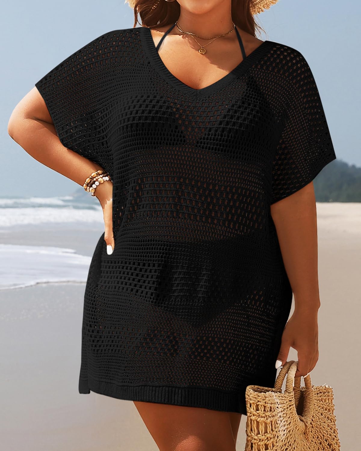 Yonique Plus Size Swimsuit Cover Up - Crochet Swim Cover Up 2025 Bathing Suit Short Sleeve Beach Dress - Image 2