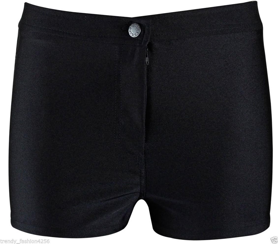 Womens Ladies Wet Look Shiny High Waisted Button Pants Disco Shorts Short Hotpants Hot Pant Black Navy Royal Blue Red Cerise UK Size 6 8 10 12 14 (6, Black)