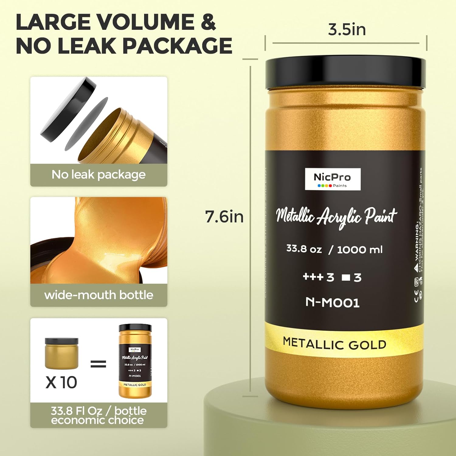 Nicpro Large Acrylic Paint Metallic, 3 Colors Gold, Silver, Copper 101.4oz/3000ml Gold Leaf Paint, Non Toxic, Non Fading for Art Painting, Handcrafts, Multi-surface, Canvas, Wood, Clay Metal Furniture