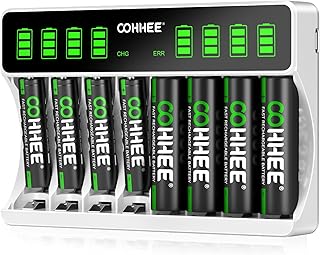 OOHHEE 8 Bays Battery Charger with 4 x AA and 4 x AAA Batteries, Intelligent LCD Screen Battery Charger, for NI-MH/NI-CD Batteries, Individually Charger for AA AAA Rechargeable Batteries