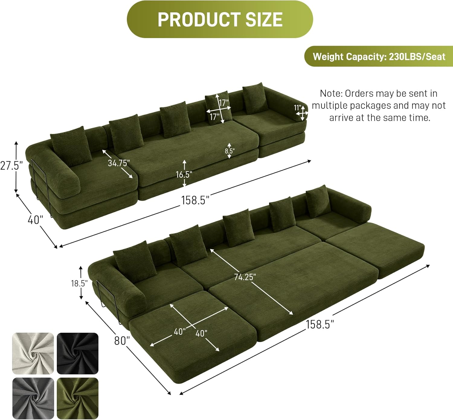 158'' Convertible Floor Sleeper Sofa Bed, Corduroy Boneless Compression Memory Foam, Comfy L Shaped Lounge Couch for Living Room, Bedroom, Apartment, Office, No Assembly Required, Olive Green