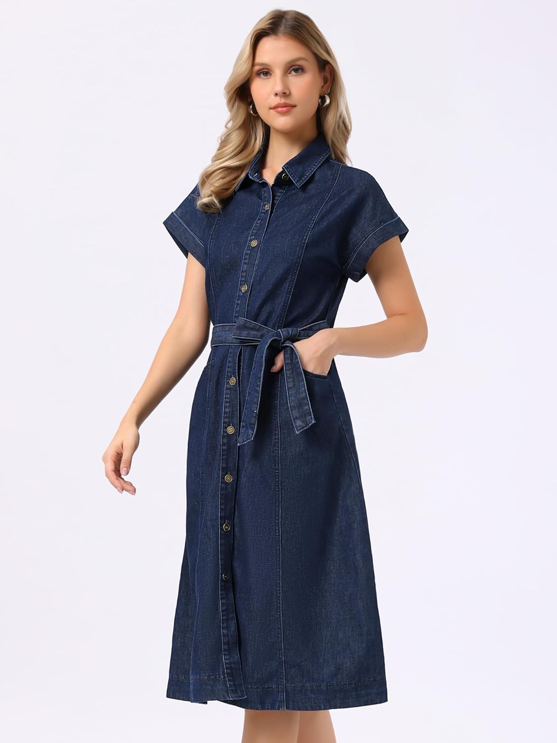 Allegra K Denim Shirt Dress for Women's Casual Button Down Short Sleeves Belted Jean Midi Dress 2025 Trendy Outfits - Image 4