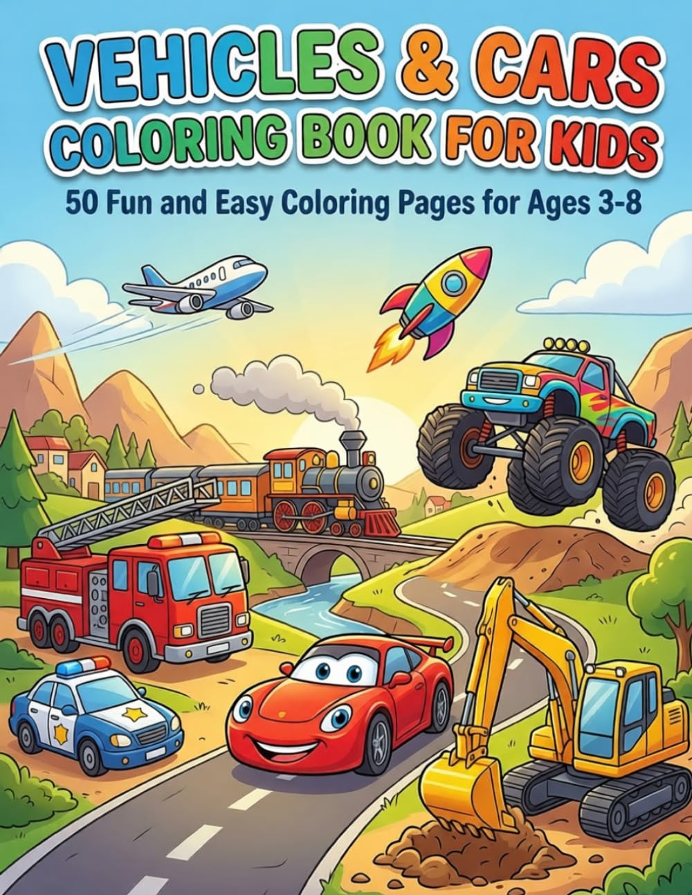 VEHICLES & CARS COLORING BOOK FOR KIDS: Cars, Trucks & Vehicles Coloring Book for Kids Ages 3-8: Easy and Fun Coloring Pages for Boys Featuring Race Cars, Tractors, Construction Trucks, and More