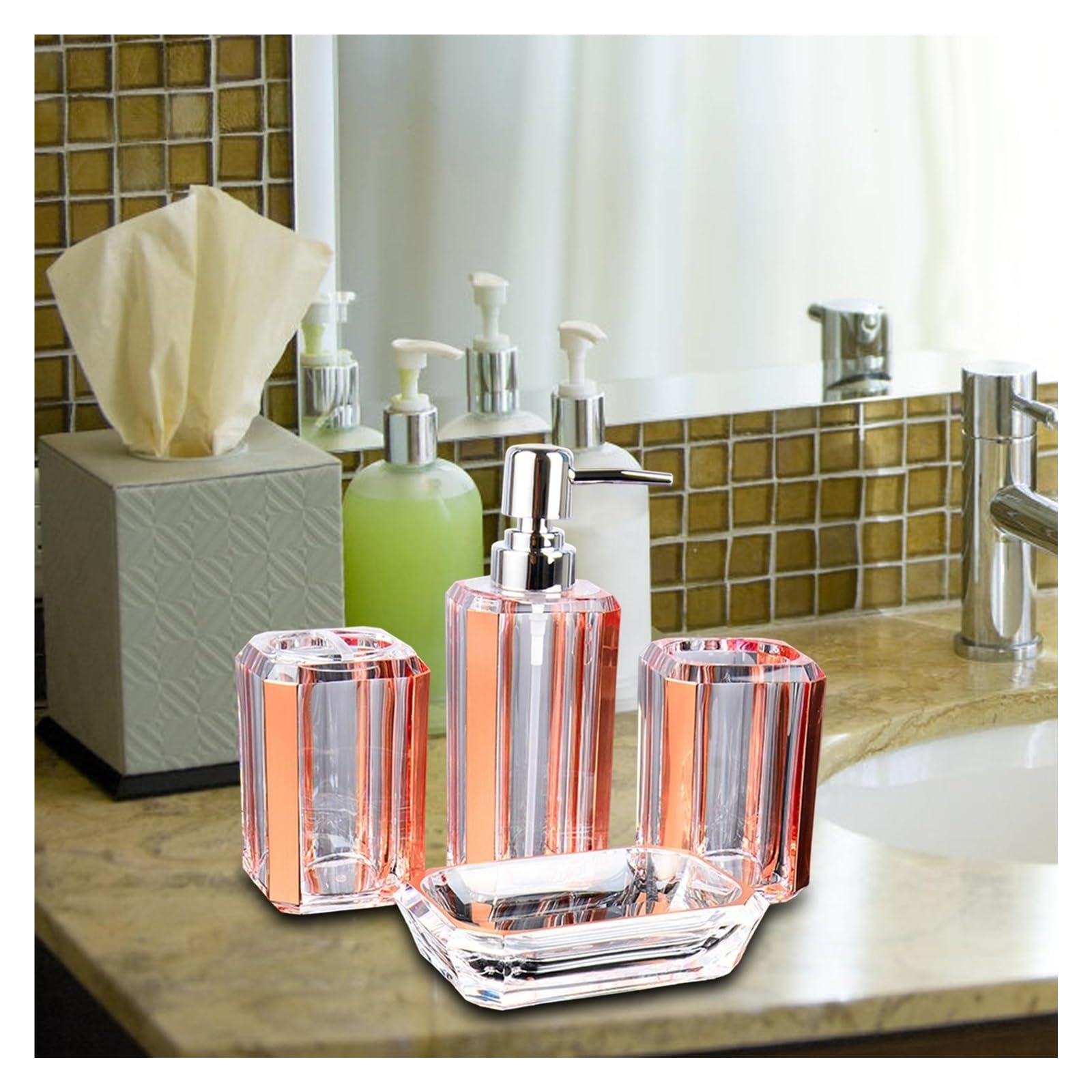 Set baño Juego de 4 Accesorios baño, Botella loción, Soporte for Cepillo Dientes for decoración del hogar(Rose)