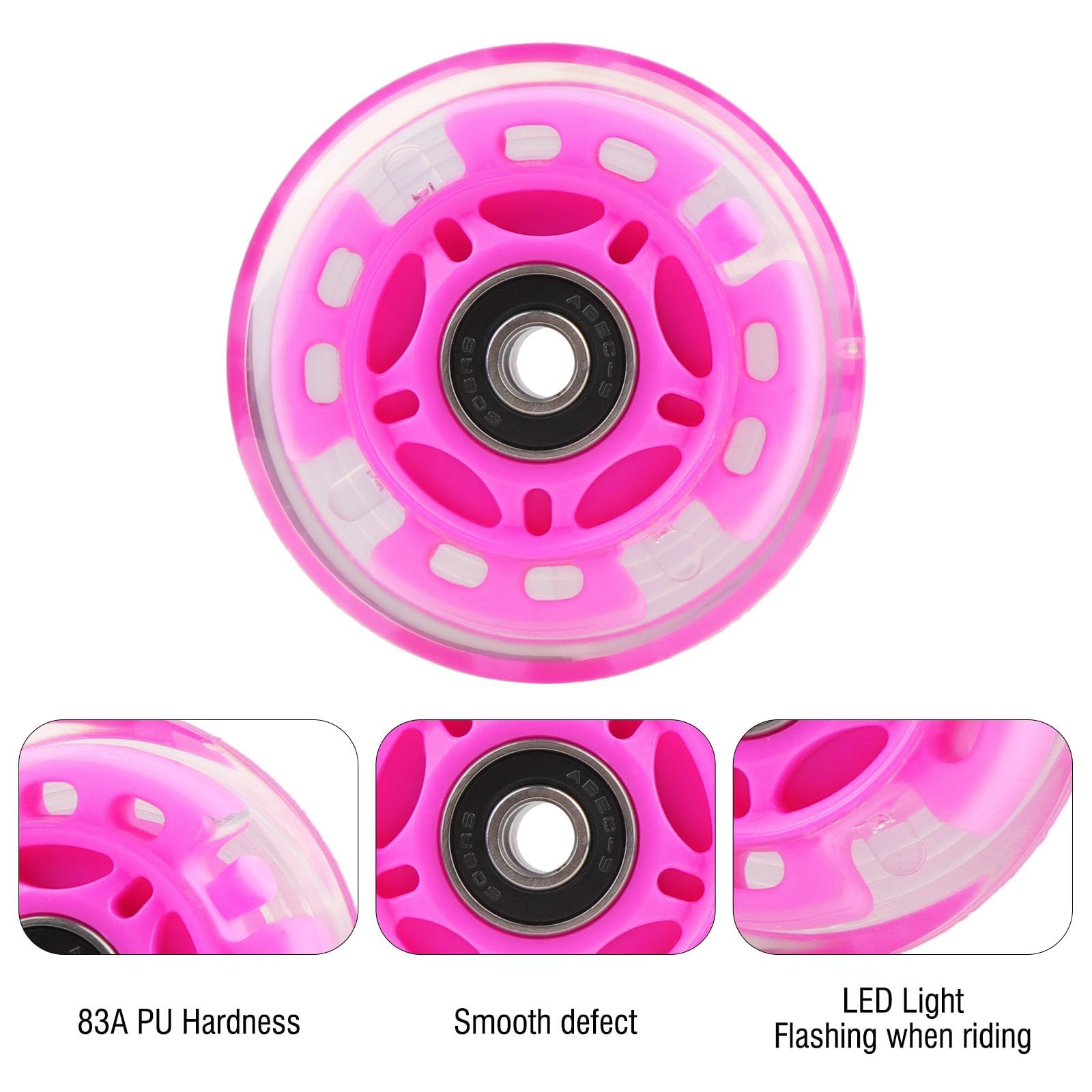 Generisch Łyżworolki do użytku wewnątrz i na zewnątrz, diody LED, 8 sztuk, różowe, 64 mm, 70 mm, 72 mm, 76 mm, 80 mm, 85 A, twardość PU z tulejami, z łożyskami (70 mm)