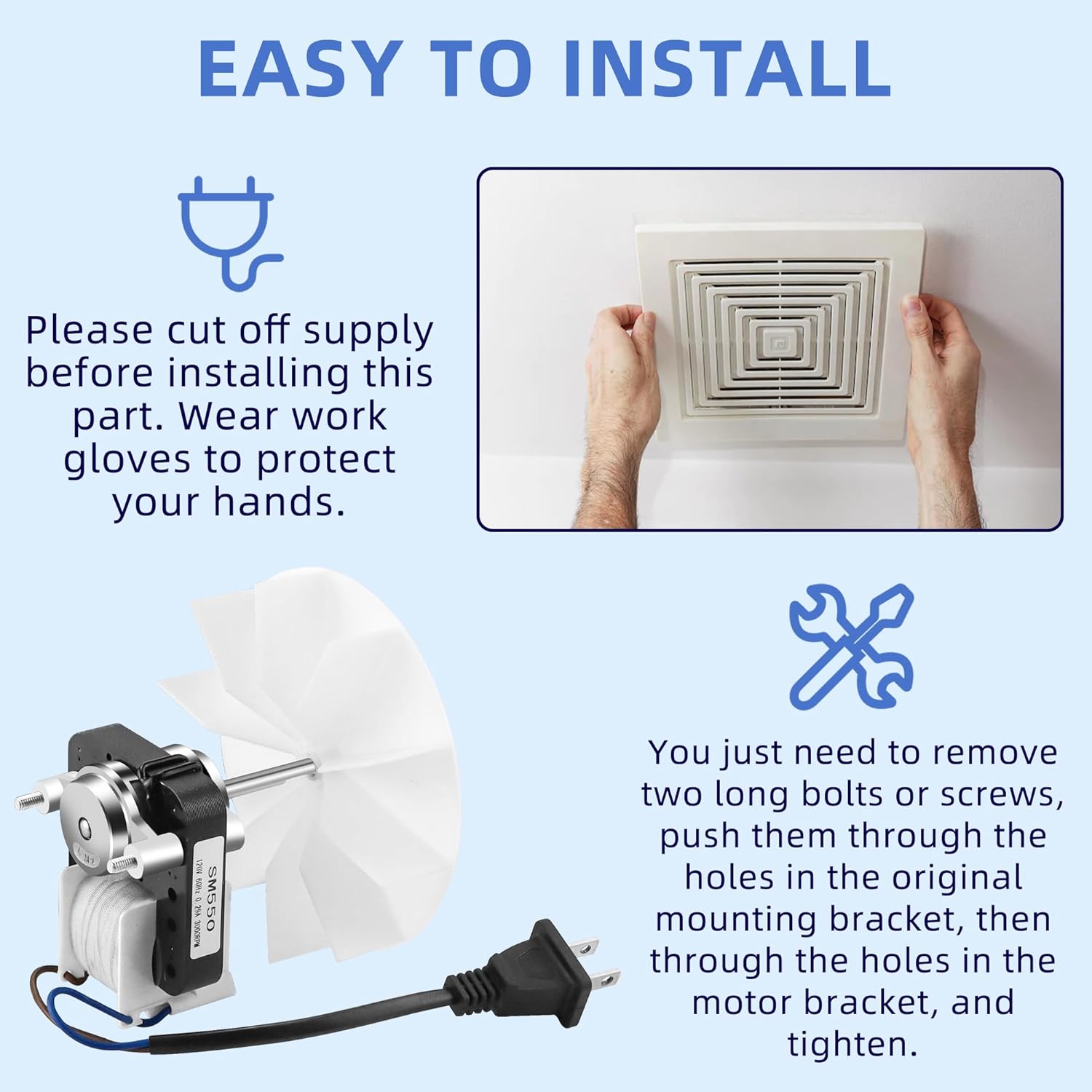 AMI PARTS Bathroom Fan Motor SM550 - Compatible with Nu.Tone, Broan, Replaces C65878, VFM100, E498-1, 82423K, K111, C01575, 65100, EM550, EM750-120V, 60Hz, 0.29A, 3000 RPM - 2-Pack