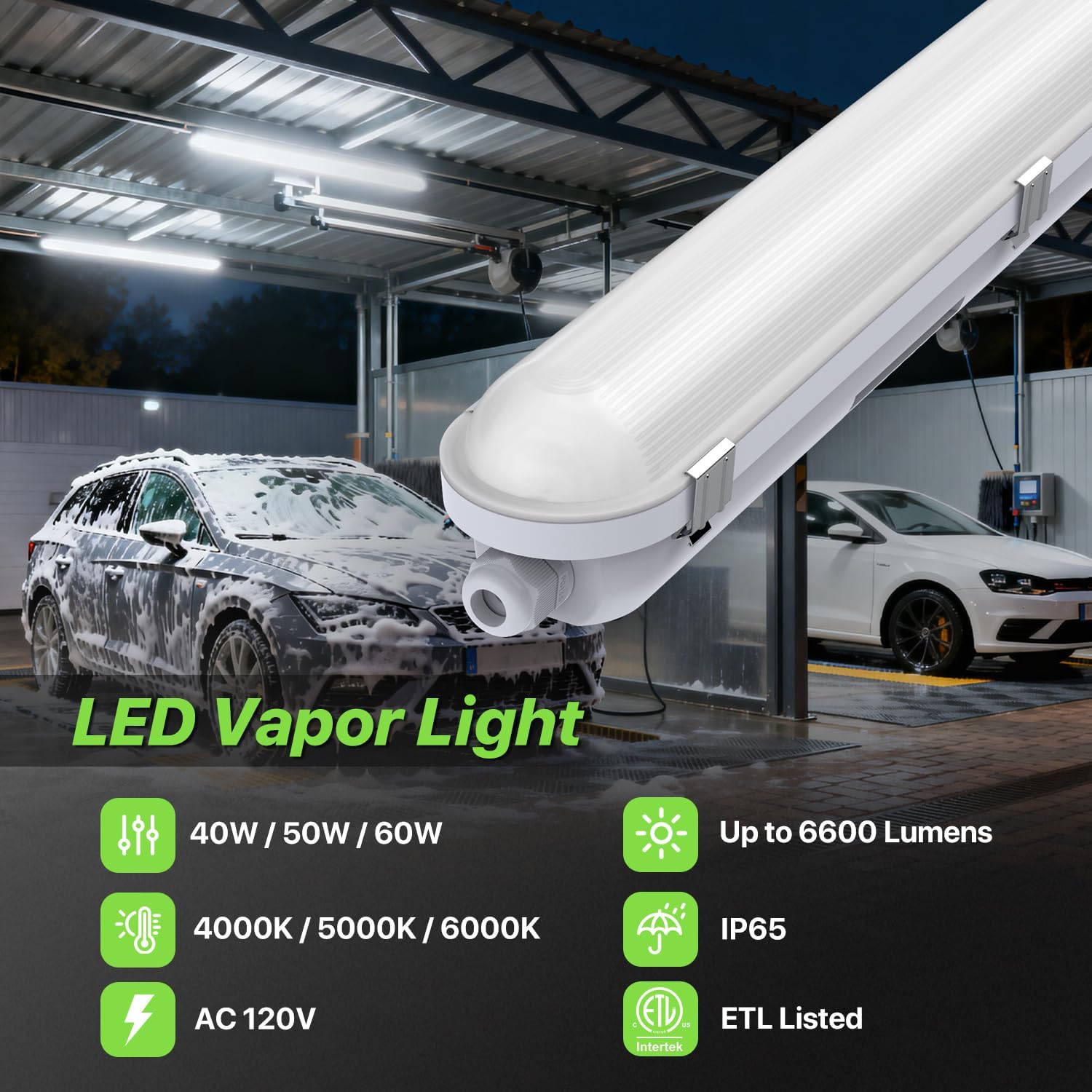 Glitgate 4FT Vapor Tight Led Light Fixture 4Pack, 60W/50W/40W/30W Selectable, 6600LM 6000K/5000K/4000K Adjustable Shop Light IP65 Waterproof, 120V Hardwired Lights for Garage, Workshop, ETL Listed