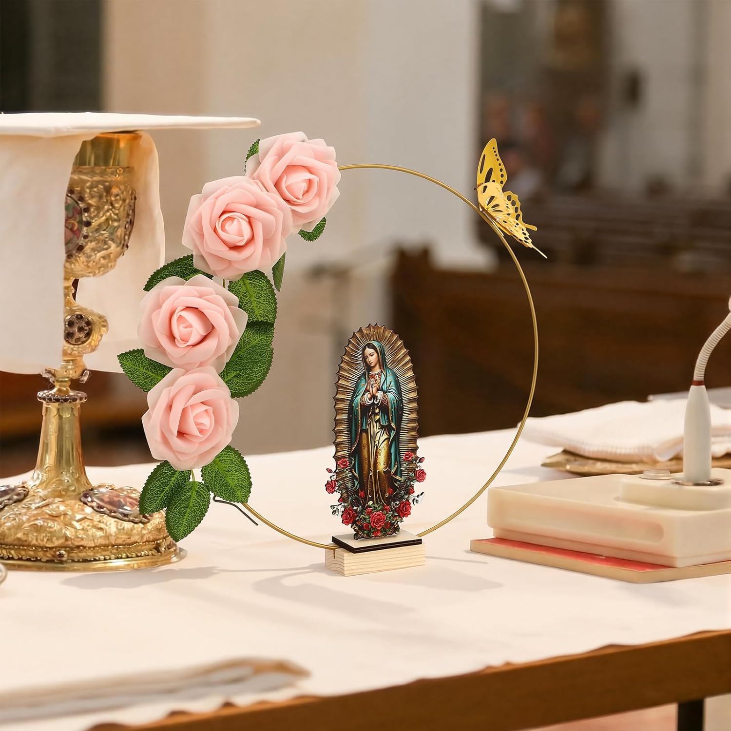 BreezeHug 12 Pcs Baptism Centerpieces for Table Centros De Mesa para Bautizo Bodas Decorations 12 Wood Our Lady of Guadalupe 12 Floral Hoop with Stand 24 Foam Rose with Stem for Baptism Baby Shower